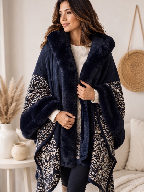 Jackets & Blazers - Navy Faux Fur Trim Hooded Poncho Cape Wrap Boho Luxe EUC 30”